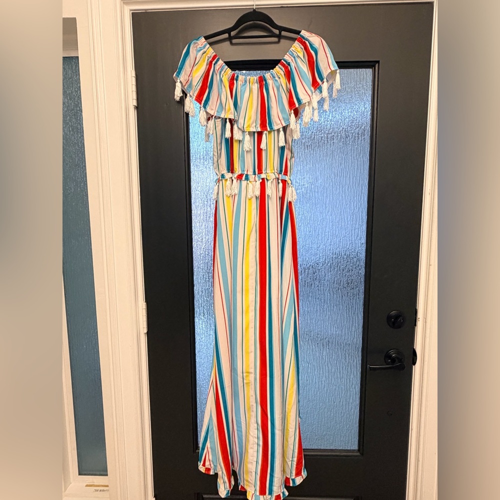 XOXO Off Shoulder Multicolor Striped High Low Maxi Dress Tassle Trim Boho Size M - Picture 7 of 11